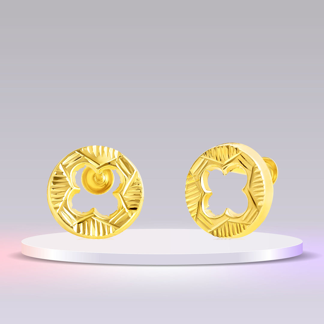 18K Real Gold Round Hollow Flower Screw Earring Set