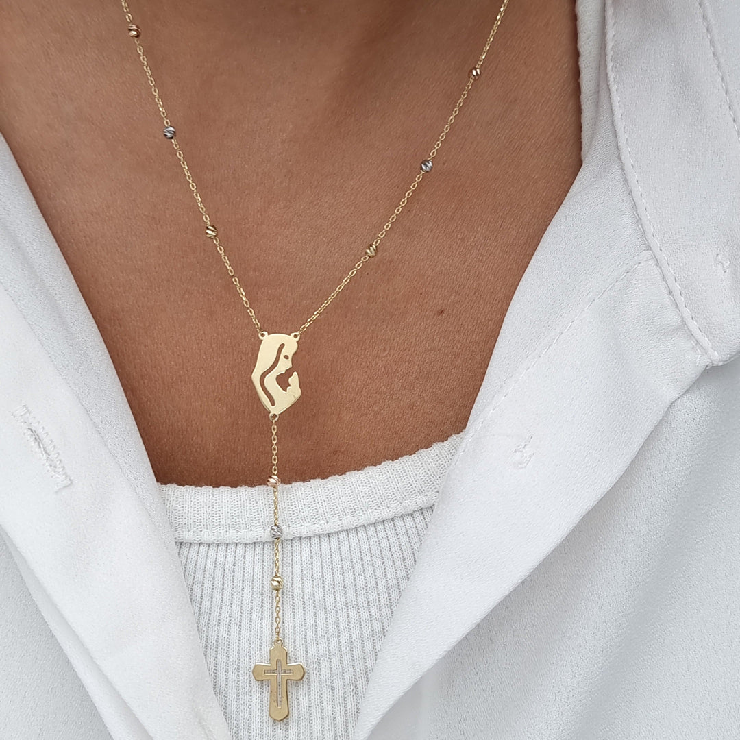 18K Real Gold Elegant Mama Mary Cross Necklace