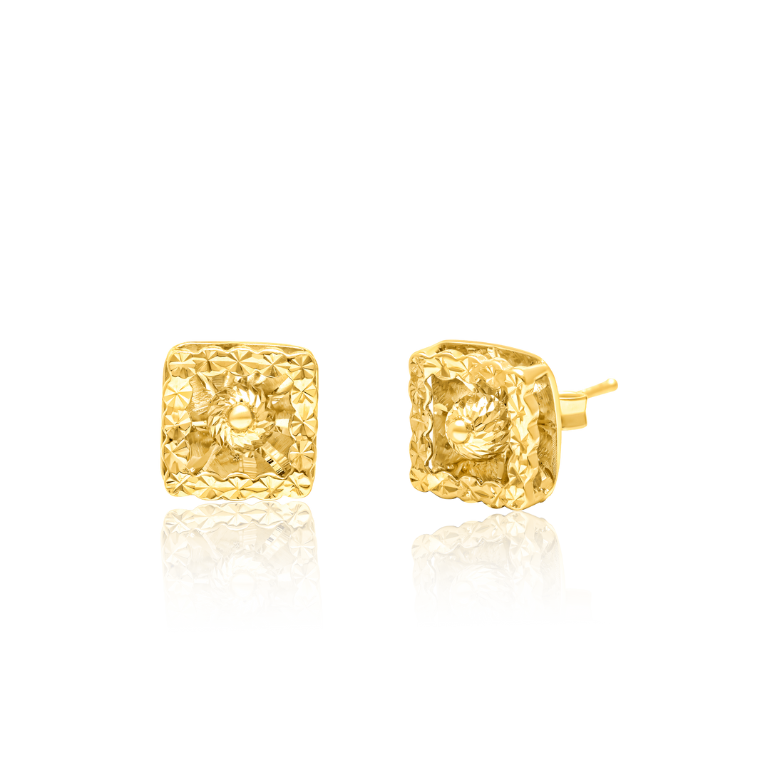 18K Real Gold Square Flower Earring Set