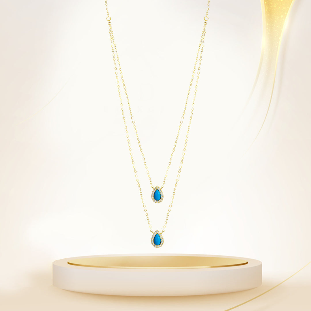 18K Real Gold 2 Layer Blue Stone Necklace