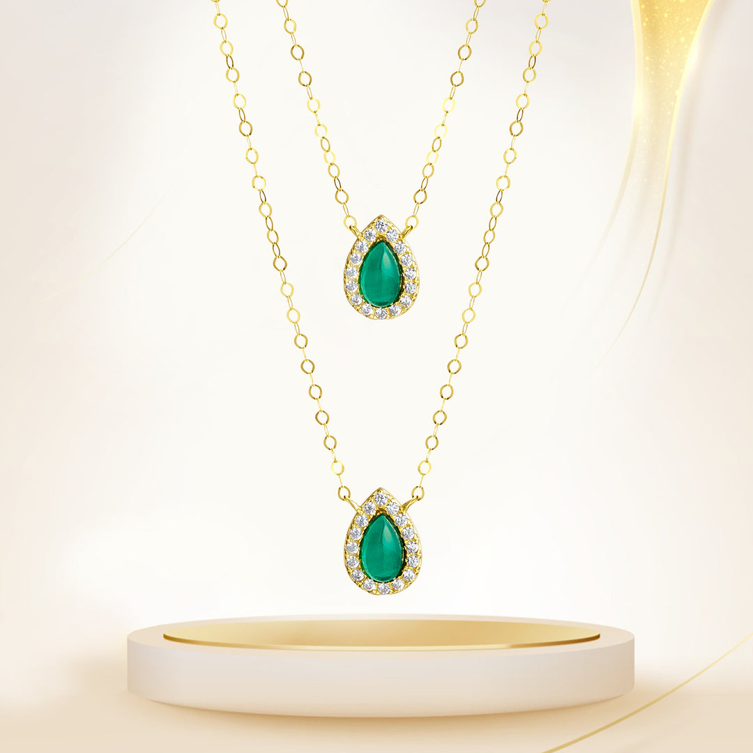 18K Real Gold 2 Layer Green Stone Necklace