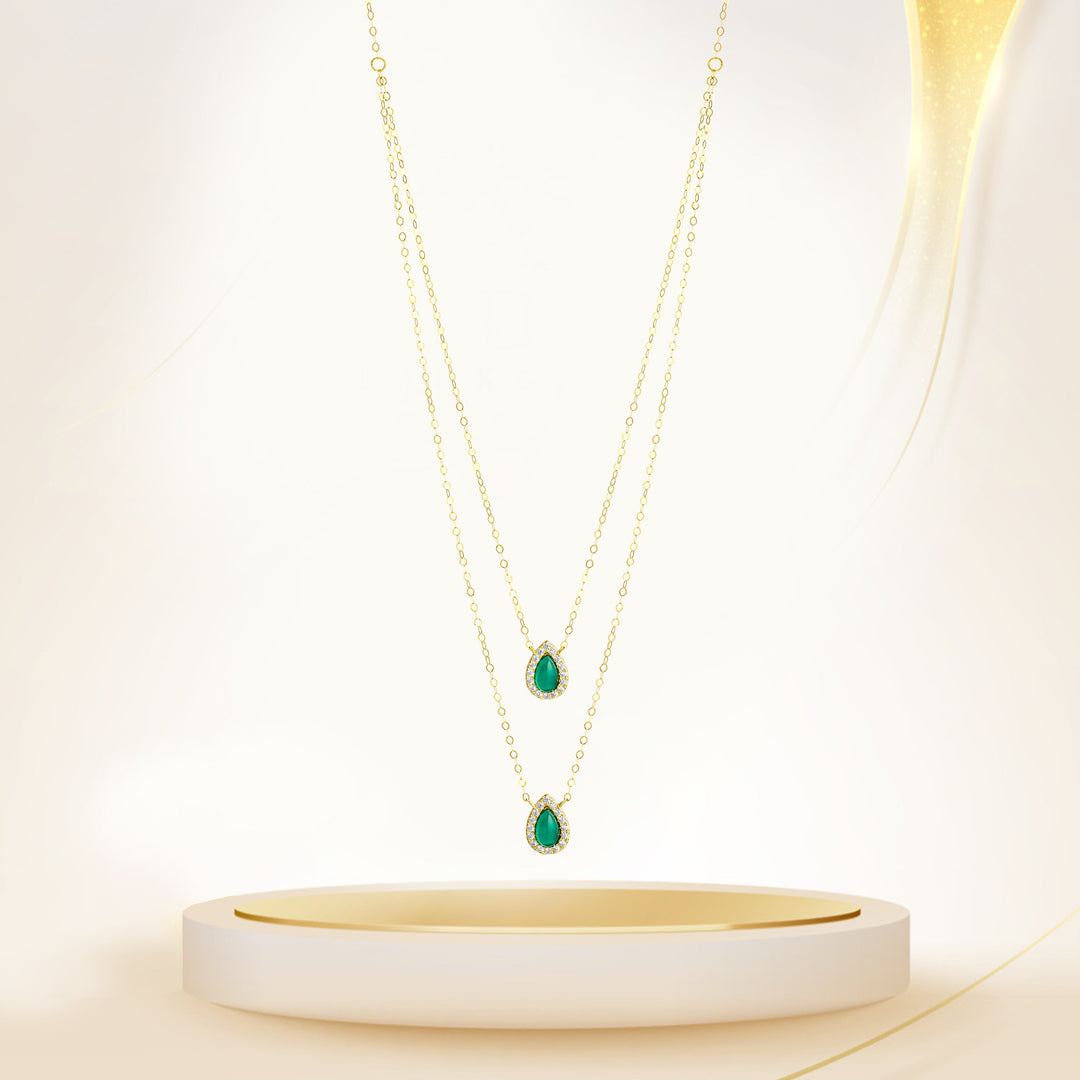 18K Real Gold 2 Layer Green Stone Necklace