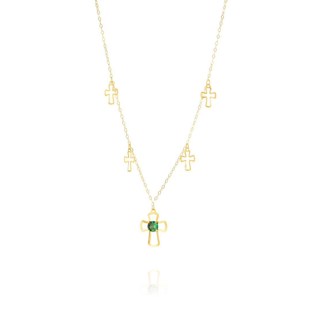 18K Real Gold Green Stone Cross Necklace
