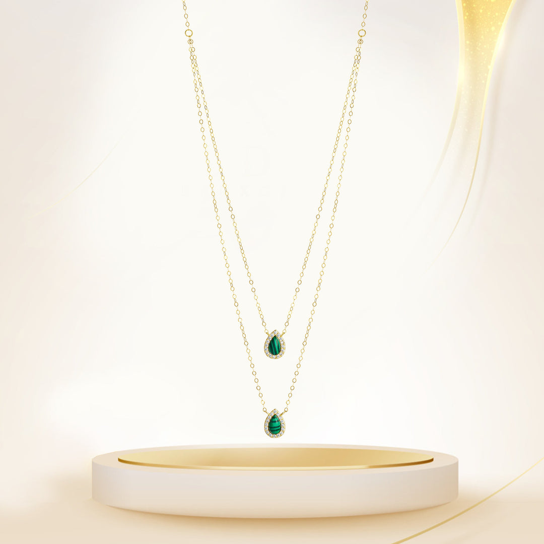 18K Real Gold 2 Layer Green Stone Necklace