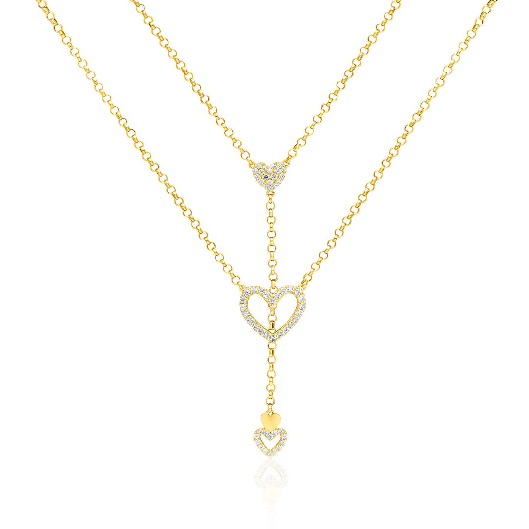 18K Real Gold 2 Layer Hanging Heart Stone Necklace