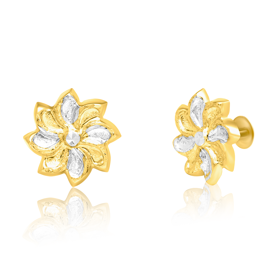 18K Real Gold 2 Color Flower Screw Earrings