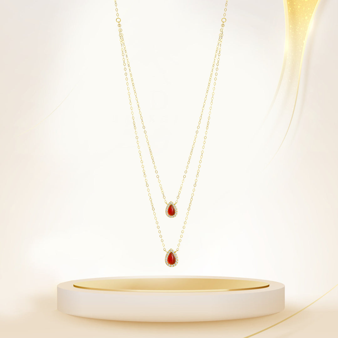 18K Real Gold 2 Layer Red Stone Necklace
