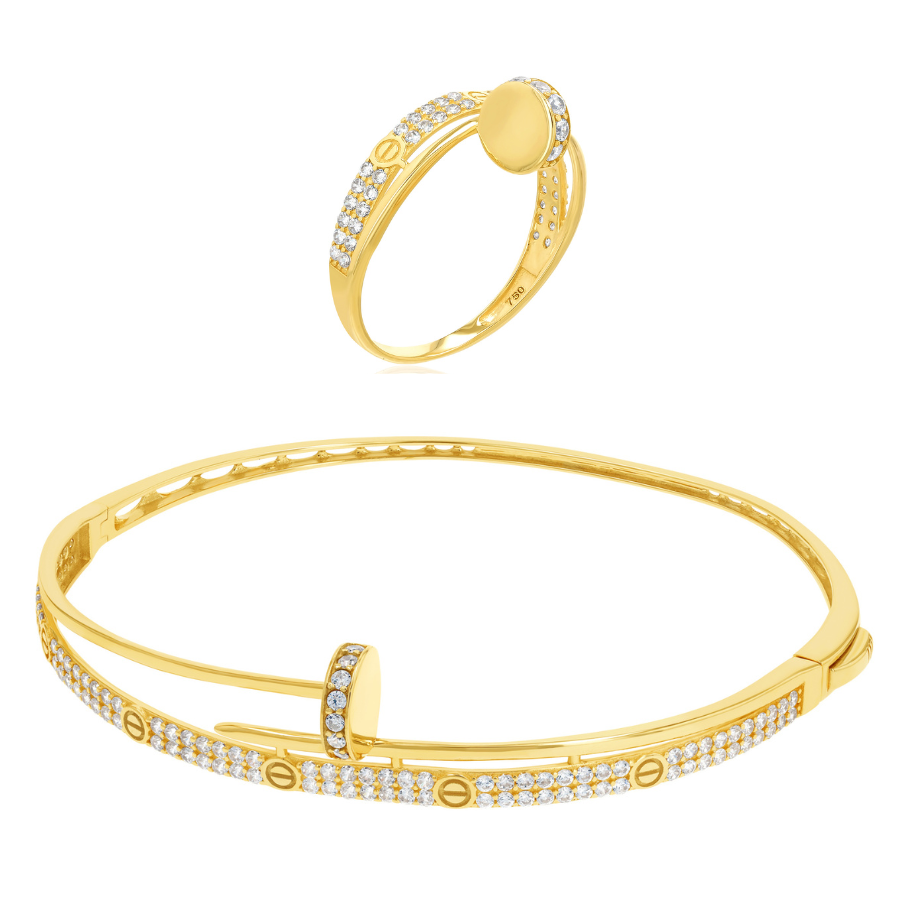18K Real Gold Elegant Stone Bangle & Ring