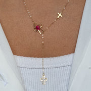 18K Real Gold Red Stone Cross Necklace