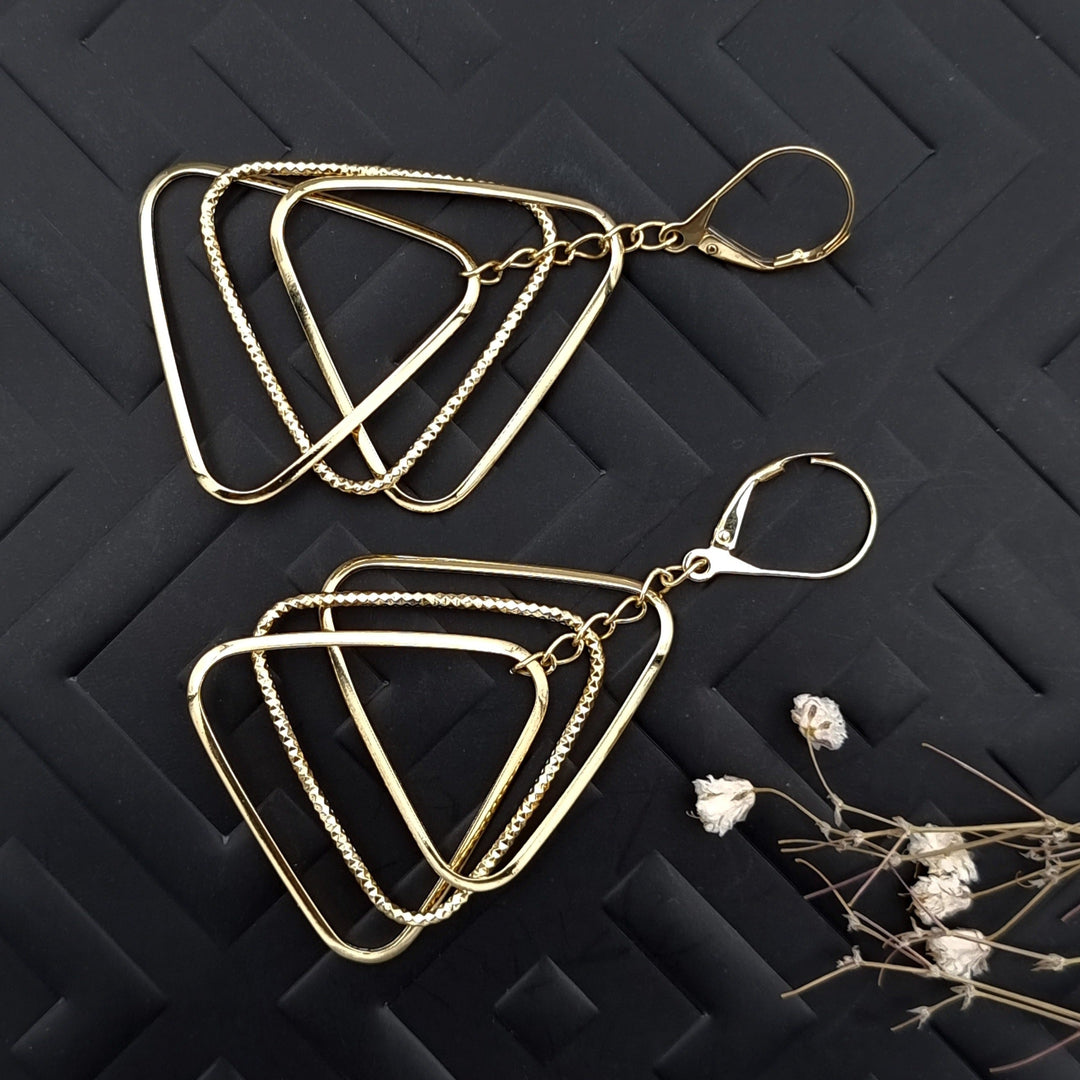 18K Real Gold Hanging Triangle Earring Set