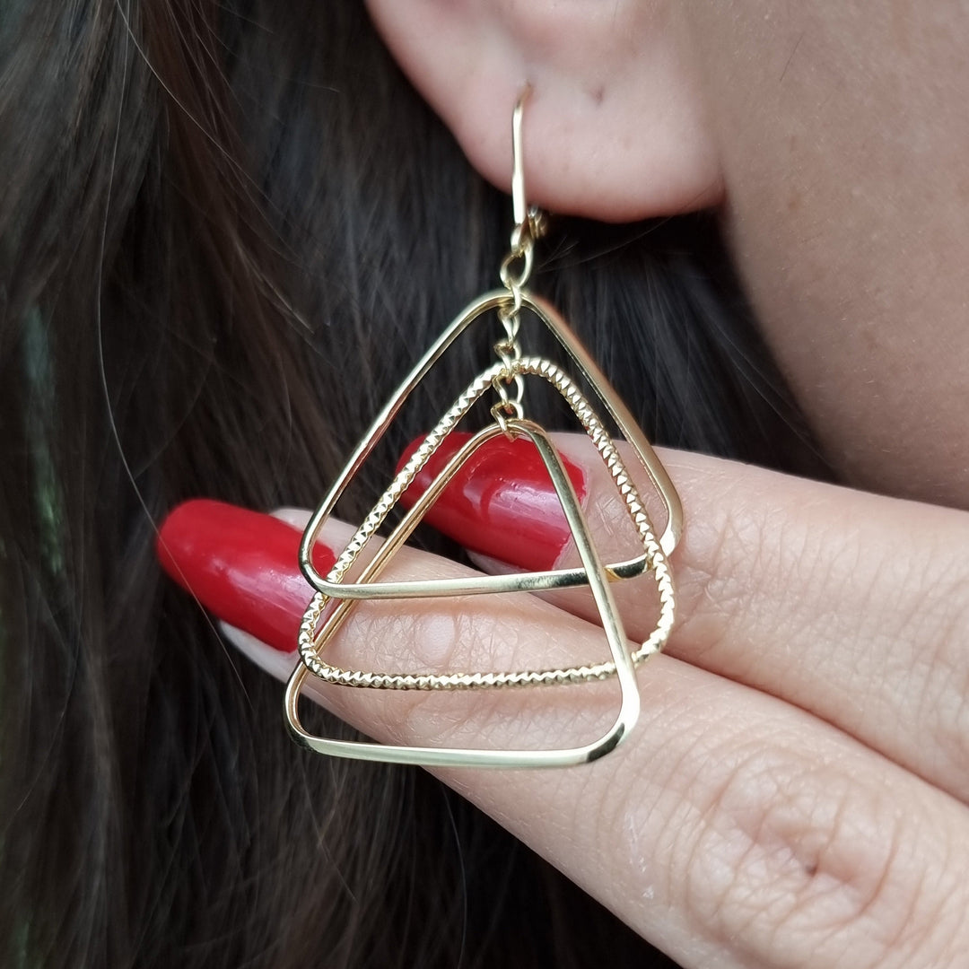 18K Real Gold Hanging Triangle Earring Set