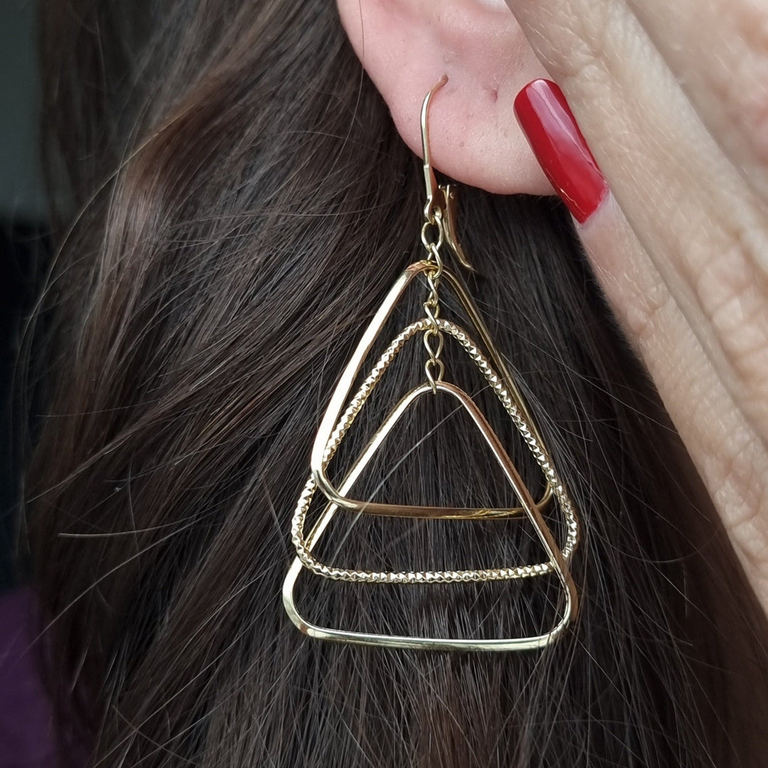 18K Real Gold Hanging Triangle Earring Set