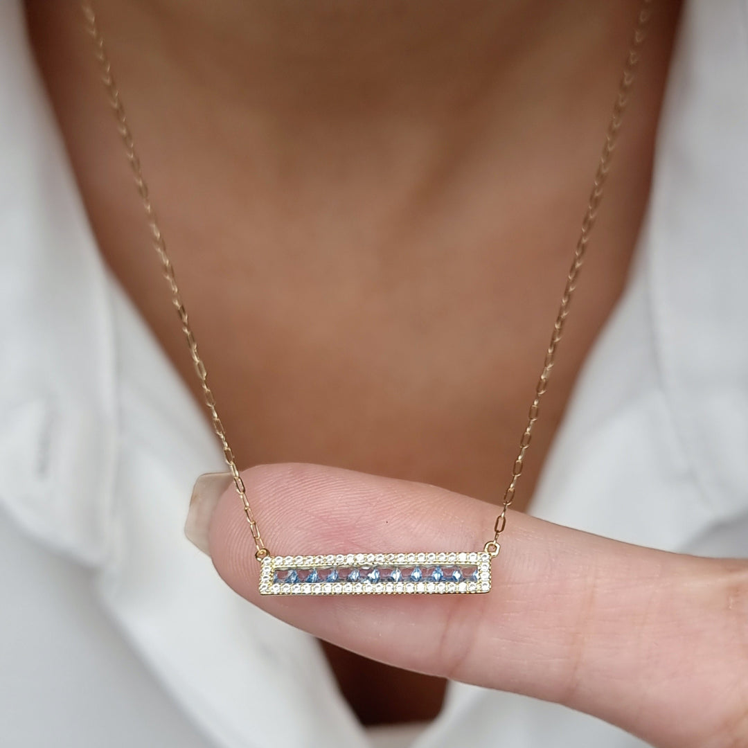 18K Real Gold Light Blue Long Stone Necklace