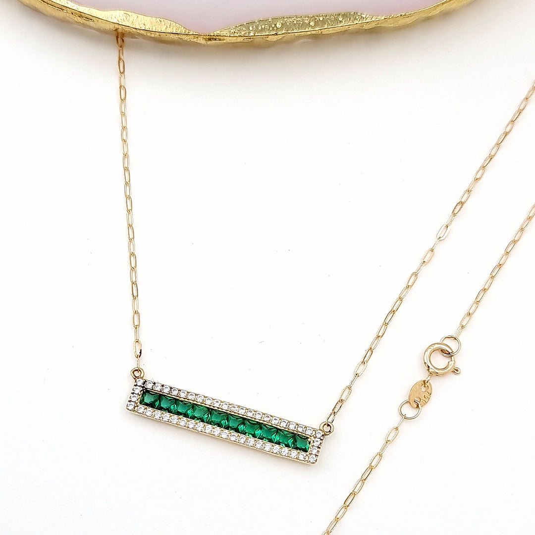 18K Real Gold Green Long Stone Necklace