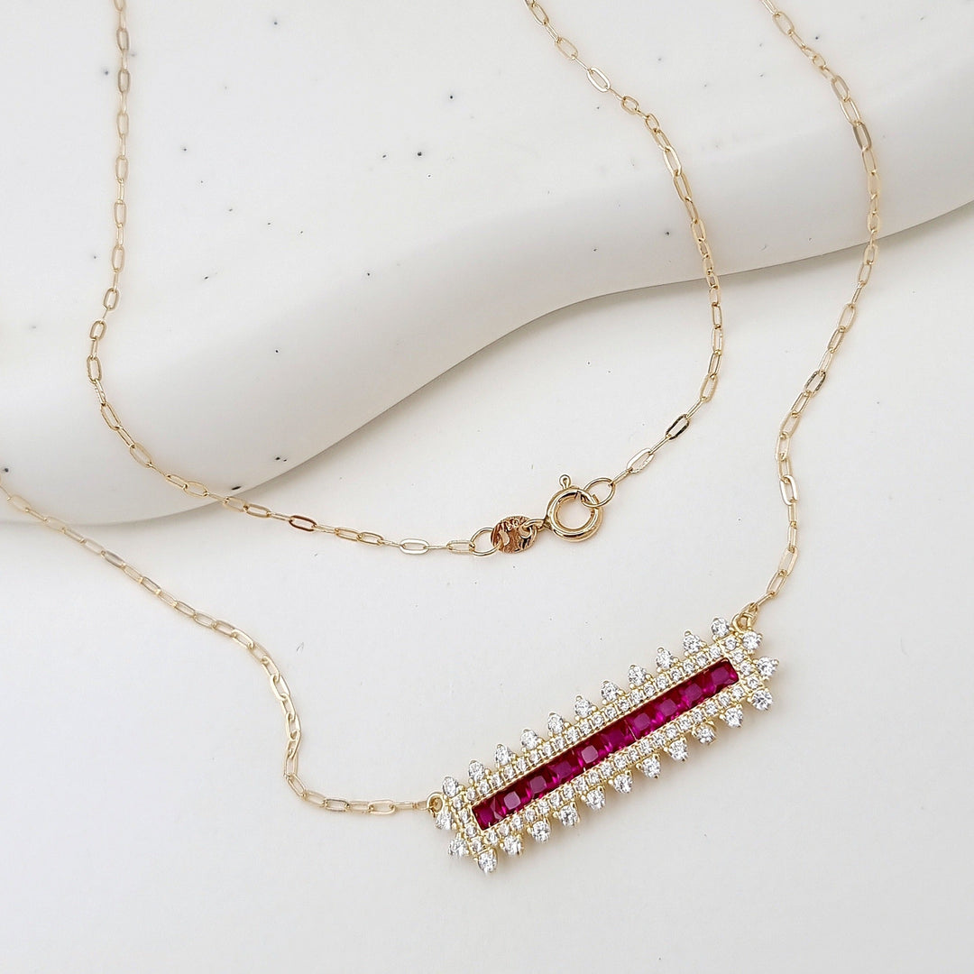 18K Real Gold Pink Long Stone Necklace