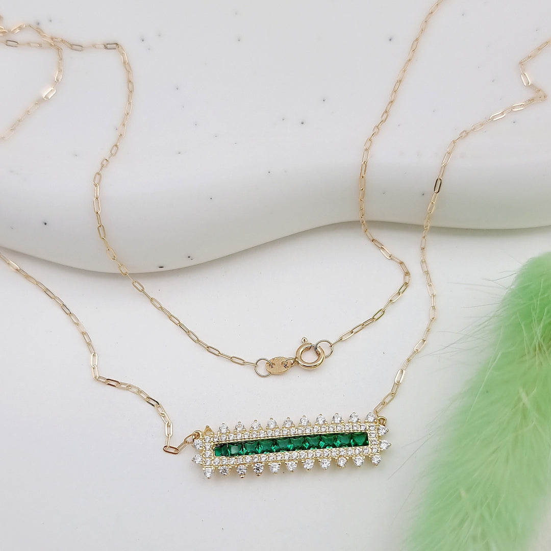 18K Real Gold Green Long Stone Necklace