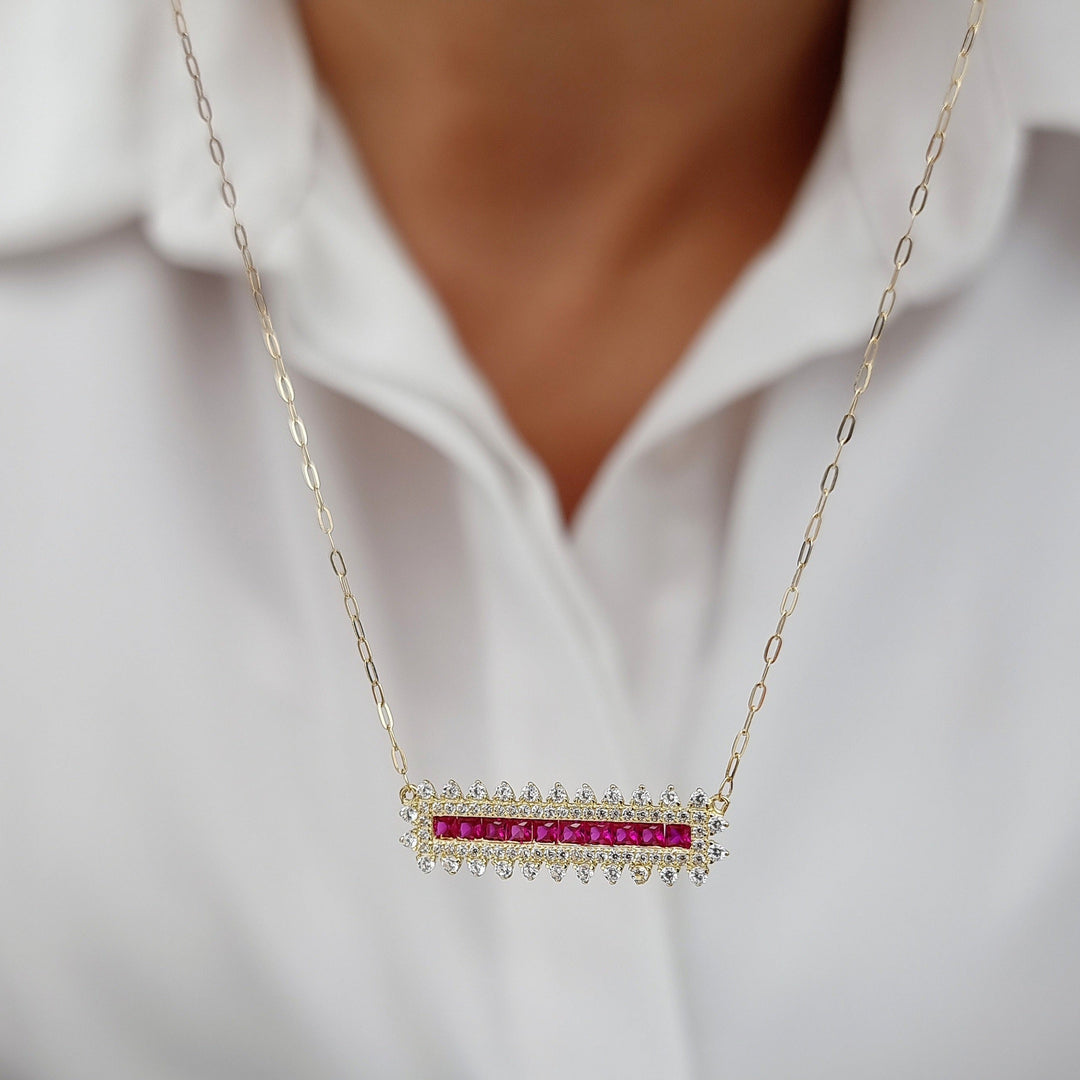 18K Real Gold Pink Long Stone Necklace