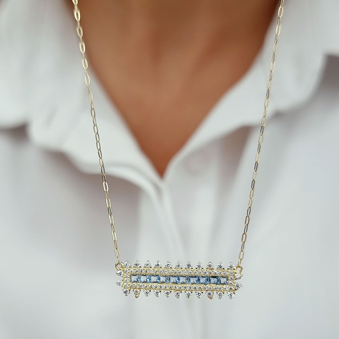 18K Real Gold Light Blue Long Stone Necklace