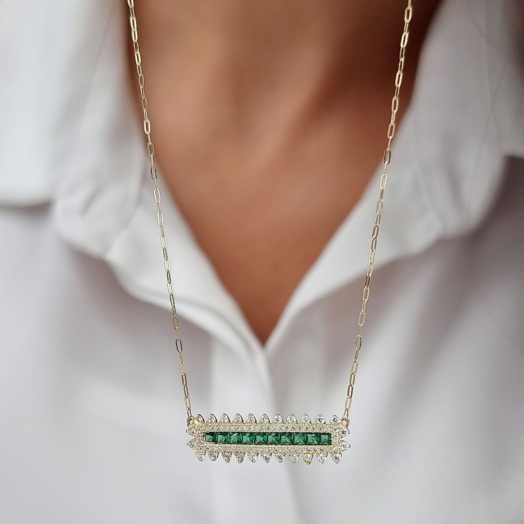 18K Real Gold Green Long Stone Necklace