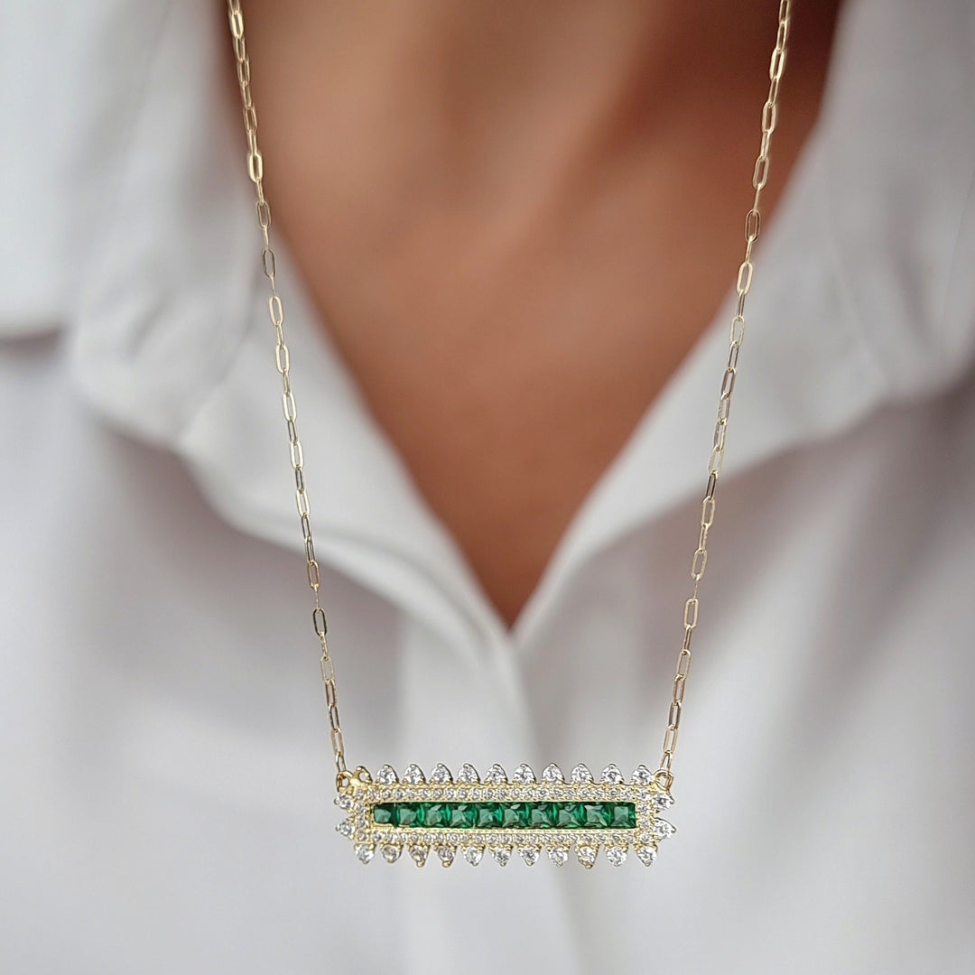 18K Real Gold Green Long Stone Necklace