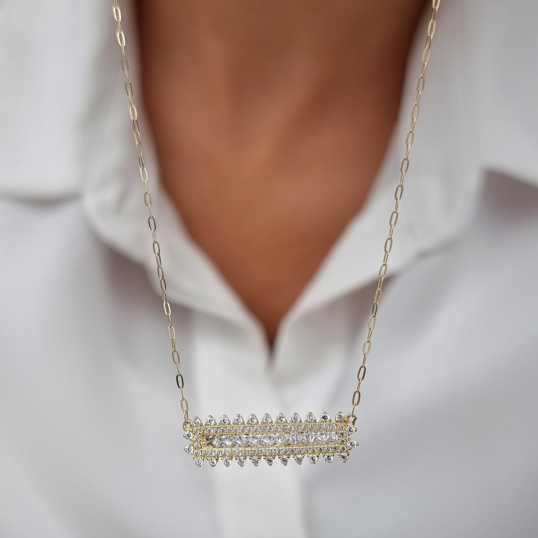 18K Real Gold White Long Stone Necklace