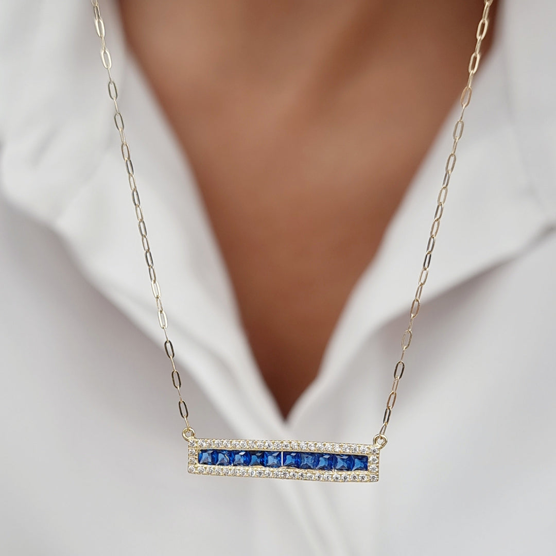 18K Real Gold Blue Long Stone Necklace