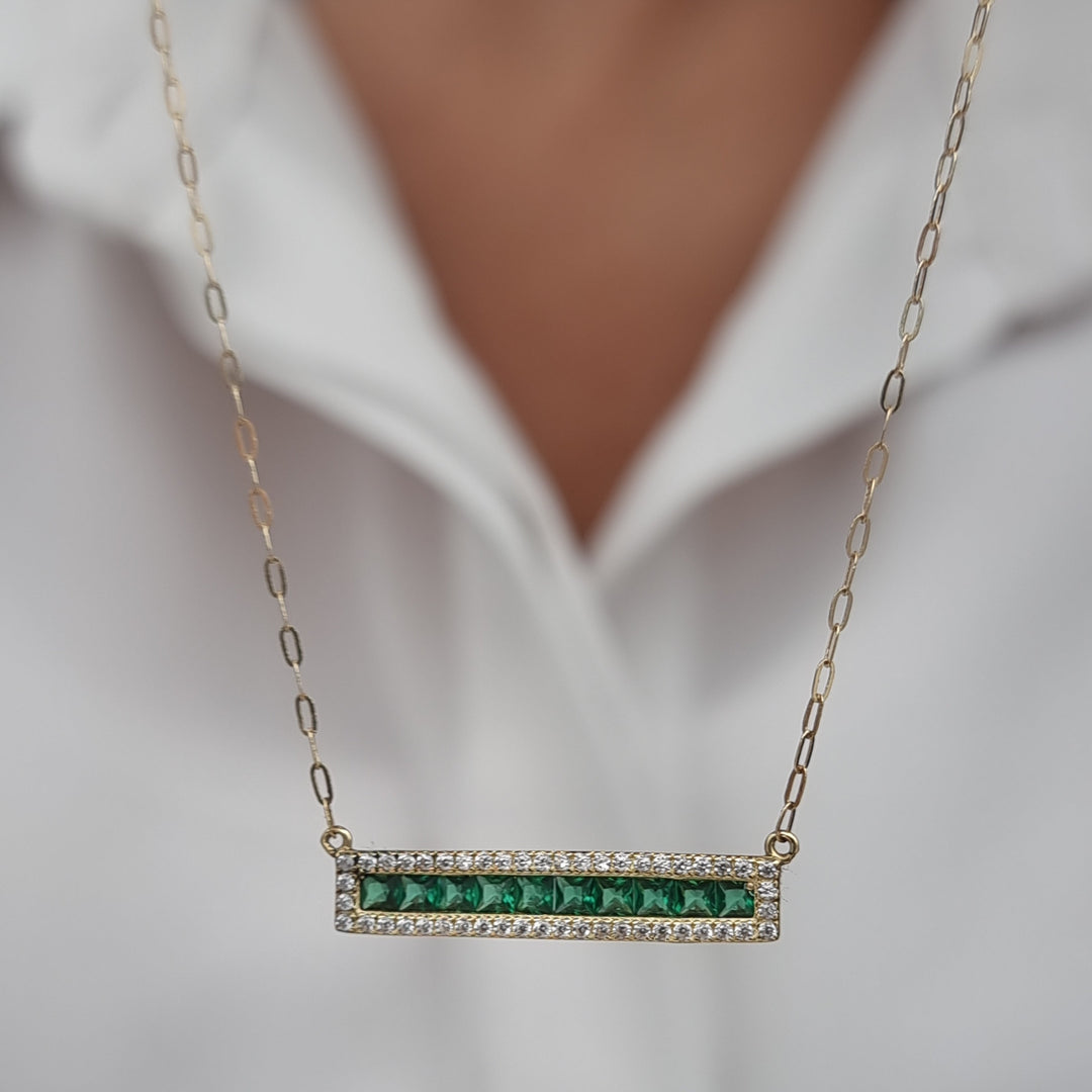 18K Real Gold Green Long Stone Necklace