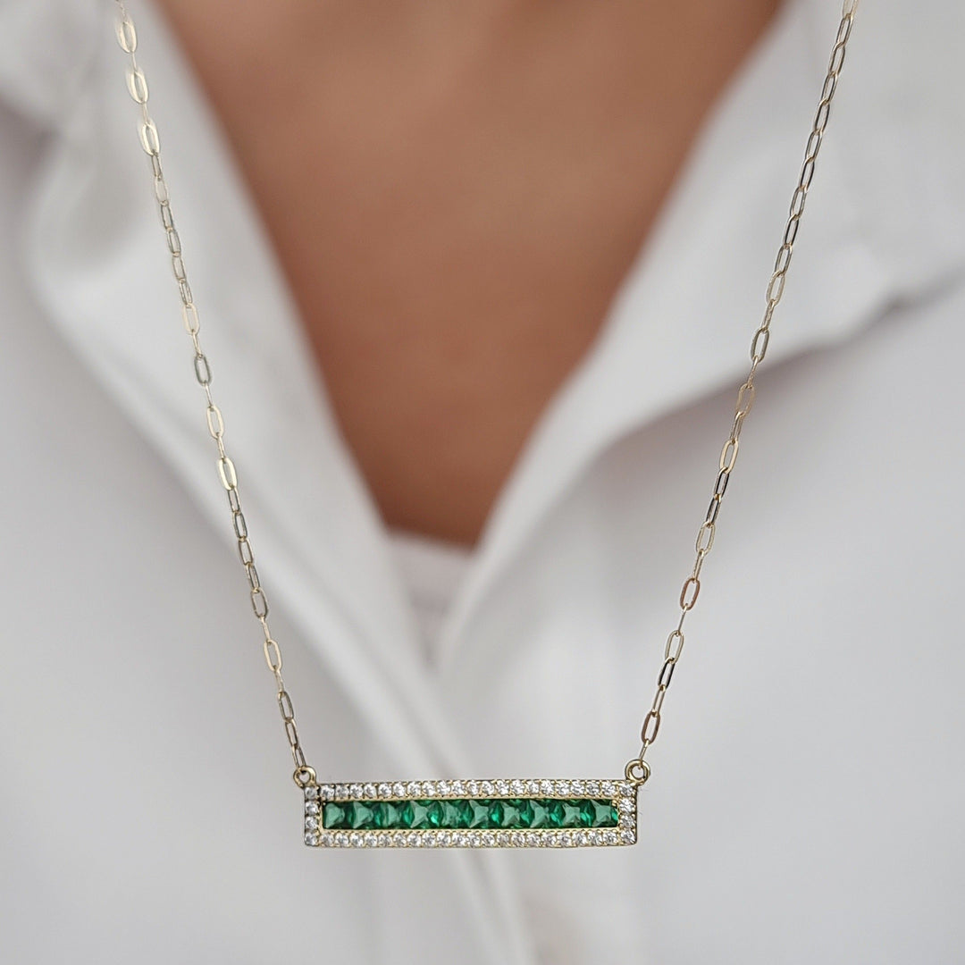 18K Real Gold Green Long Stone Necklace