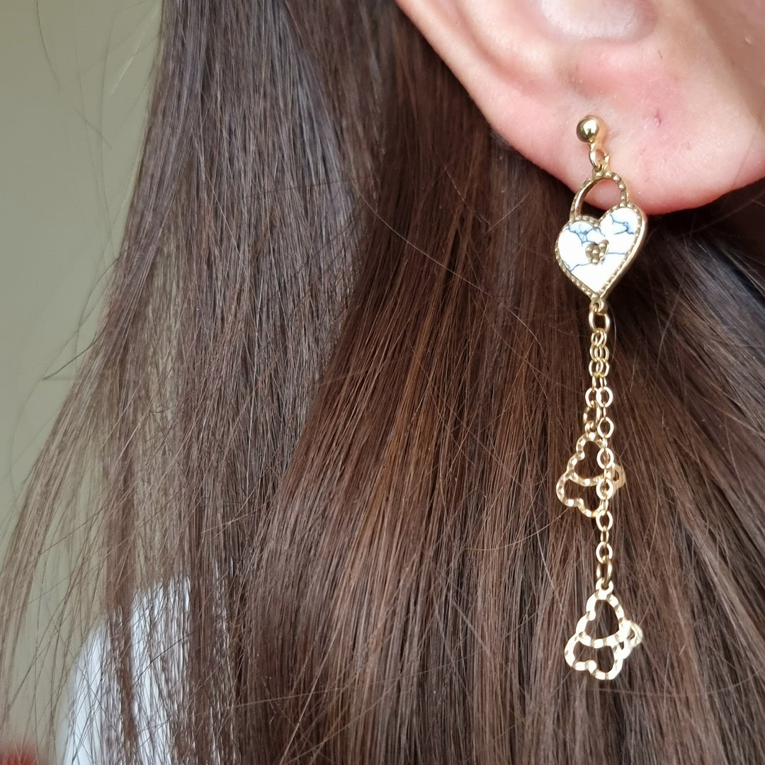 18K Real Gold Heart Hanging Earrings