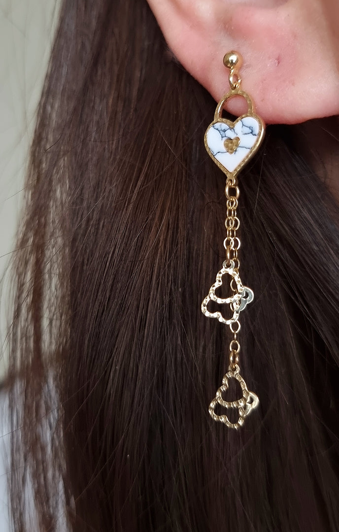 18K Real Gold Heart Hanging Earrings