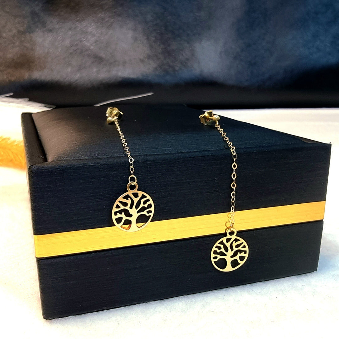 18K Real Gold Hanging Tree Earring Set