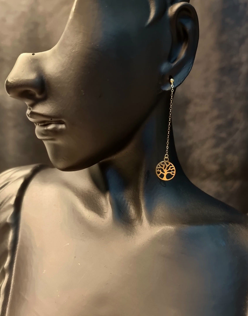 18K Real Gold Hanging Tree Earring Set