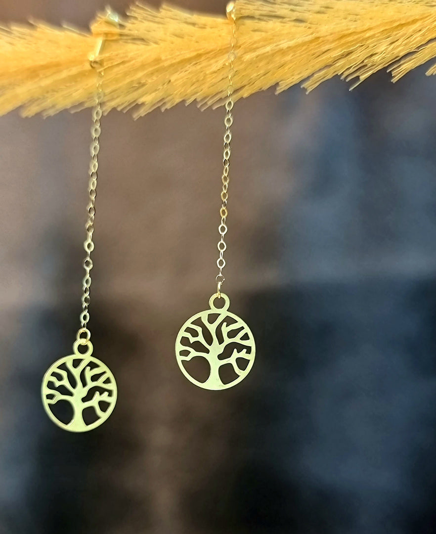 18K Real Gold Hanging Tree Earring Set