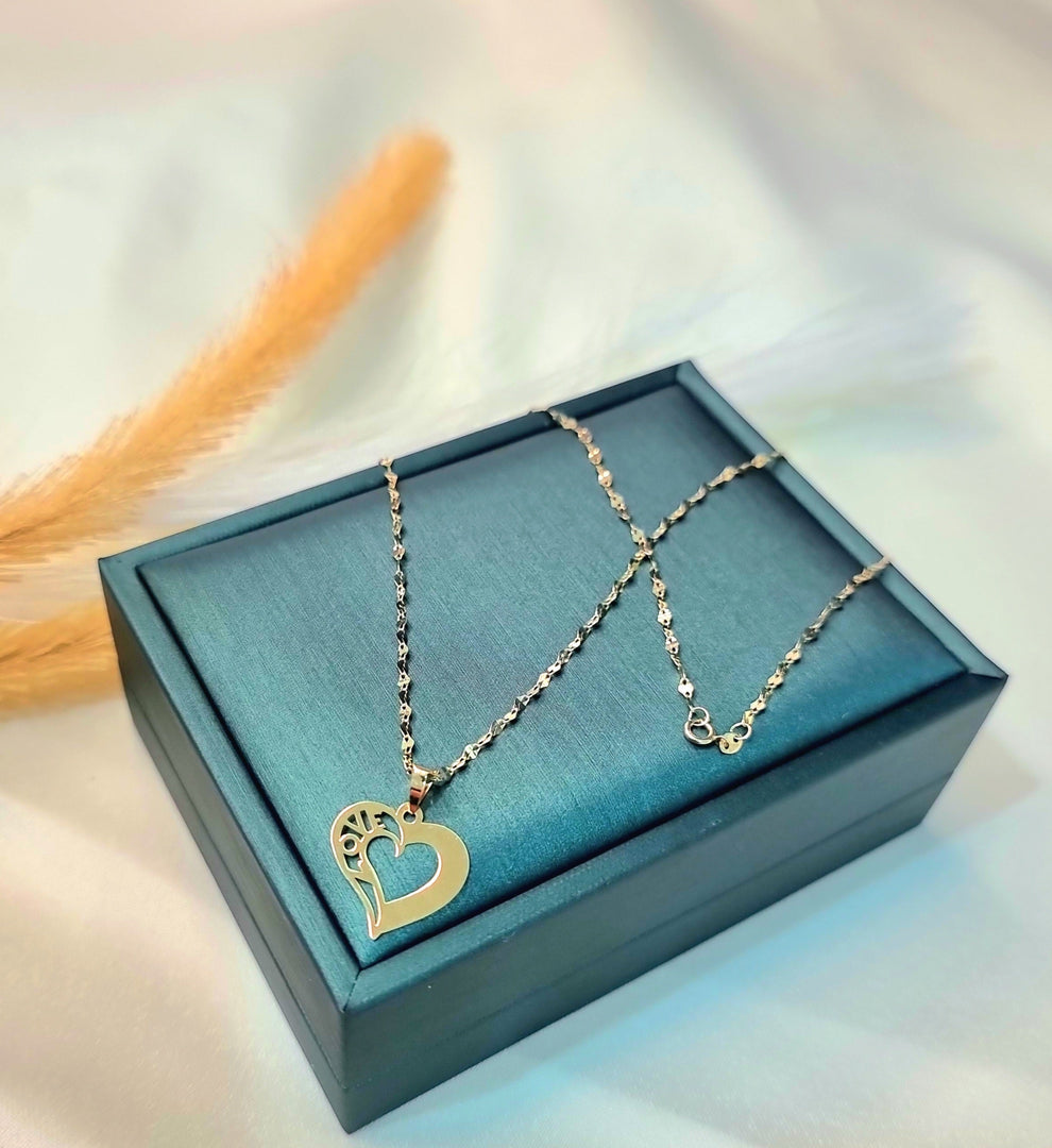 18K Real Gold Heart w/ Love Design Necklace