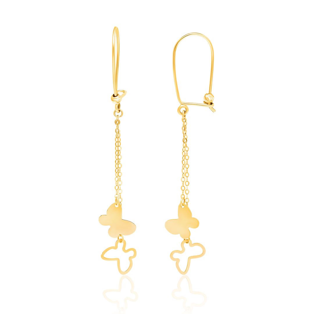 18K Real Gold Hanging Butterfly Earrings