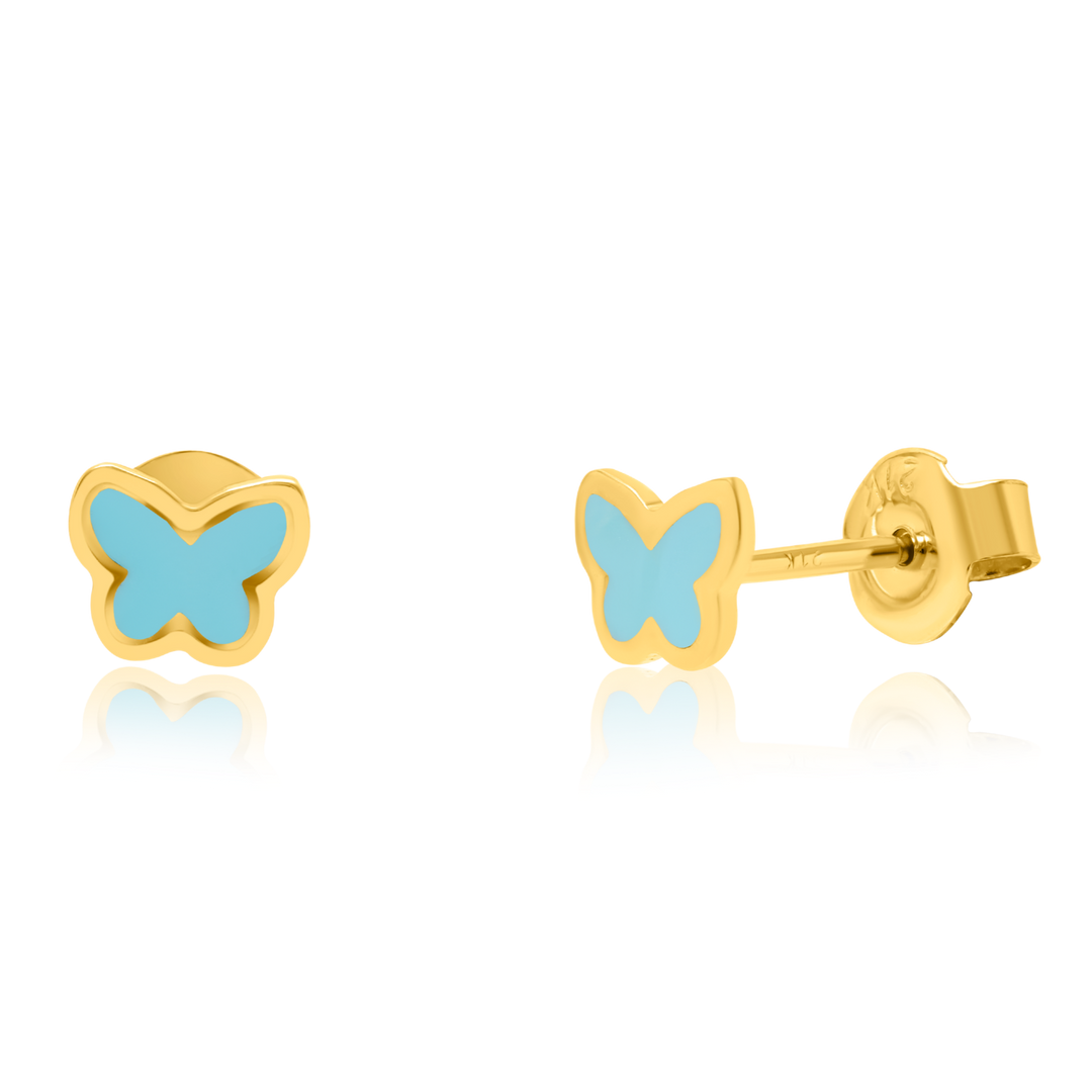 21K Real Gold Sky Blue Butterfly Stud Earring Set