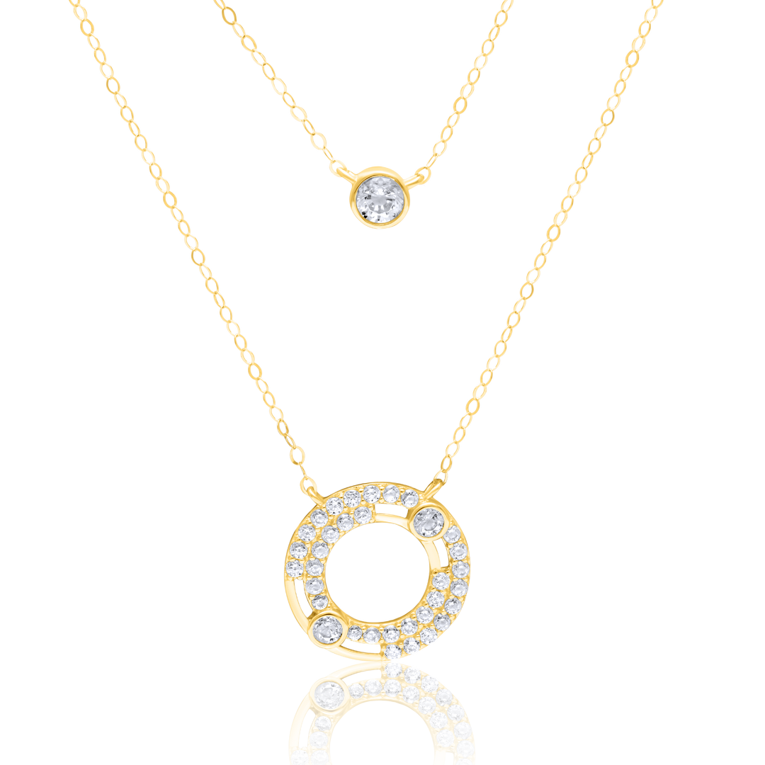 18K Real Gold 2 Layer Round Stone Necklace