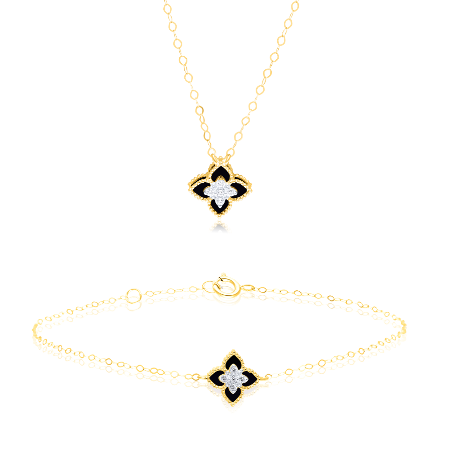 18K Real Gold Black Flower Jewelry Set
