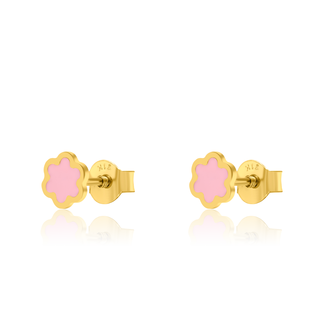 21K Real Gold Pink Flower Earring Set