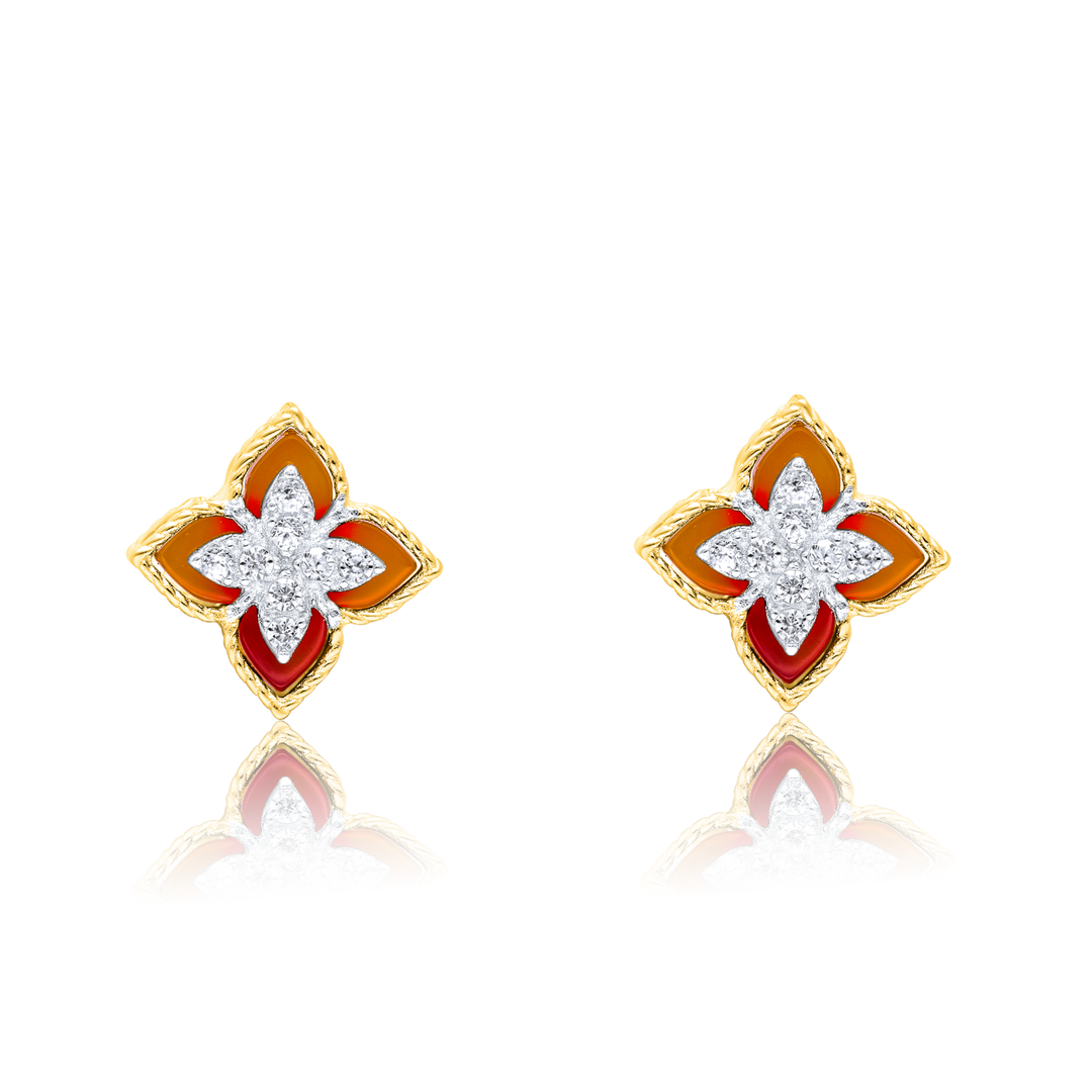 18K Real Gold Red Flower Earring Set