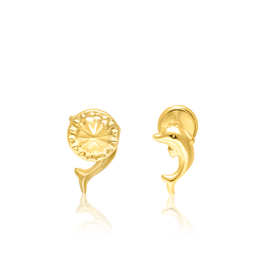 18K Real  Gold Dolphin Screw Earring Set