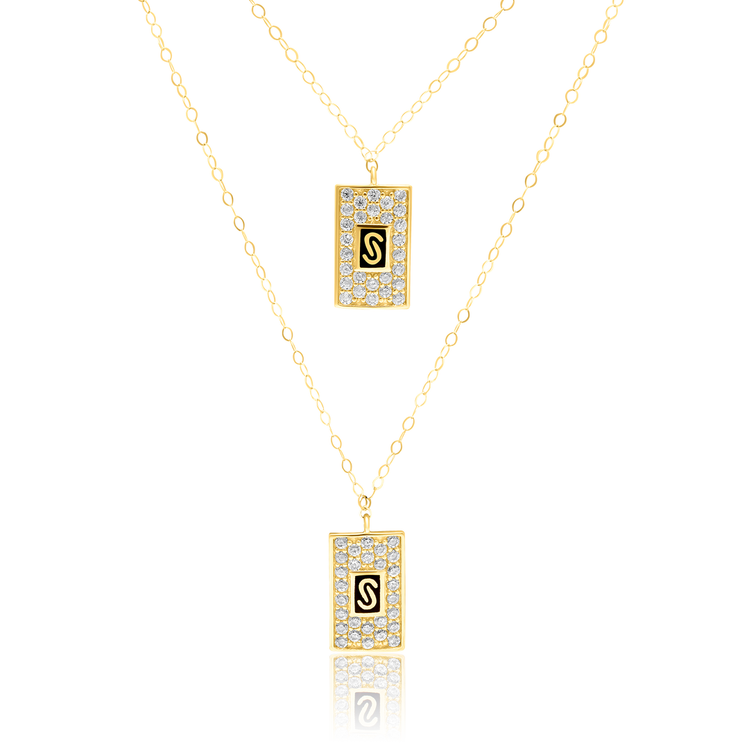 18K Real Gold 2 Layer Elegant Square Stone Necklace