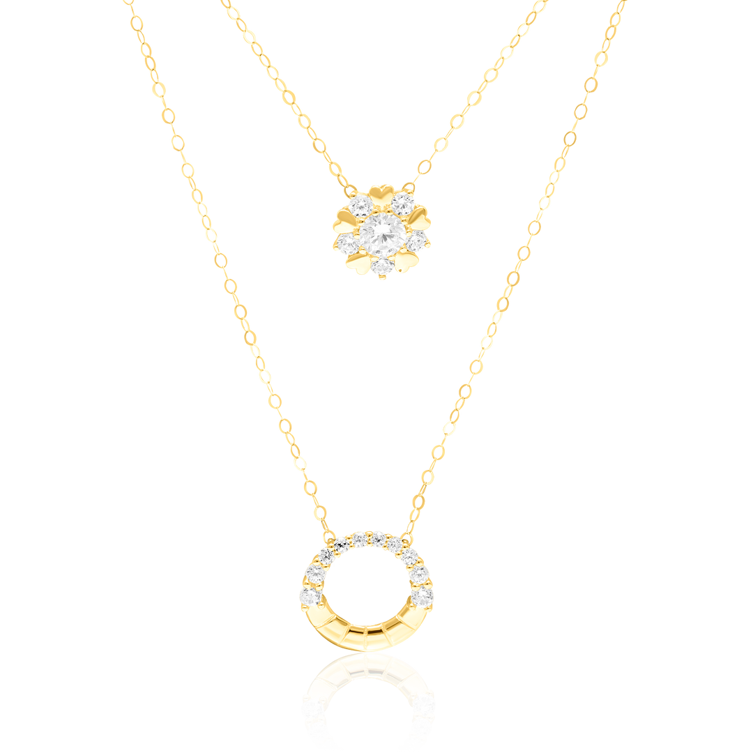 18K Real Gold 2 Layer Round Flower Stone Necklace