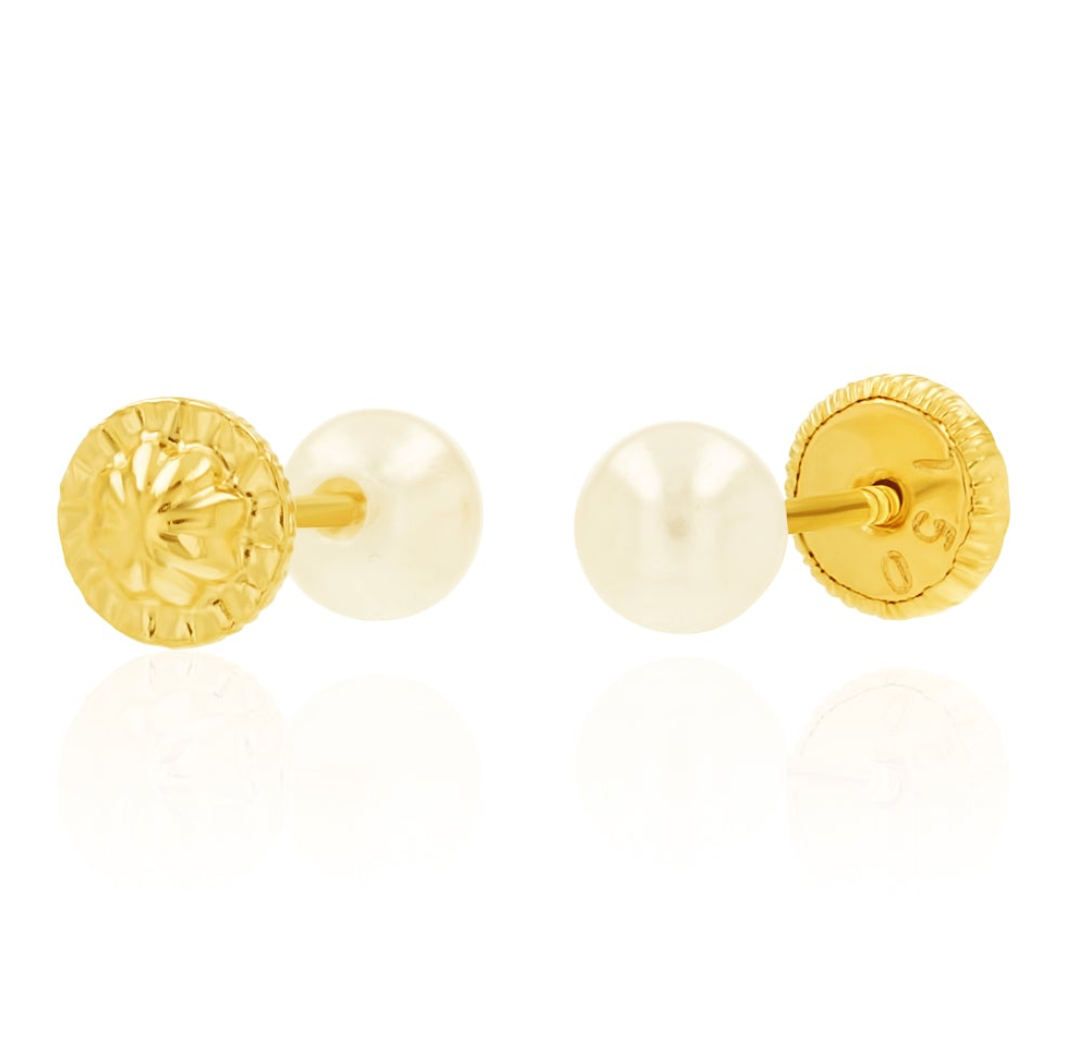 18K Real Gold Screw Pearl Earring Set
