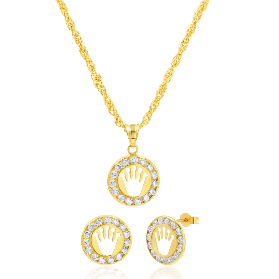 18K Real Gold Crown Round Stone Jewelry Set