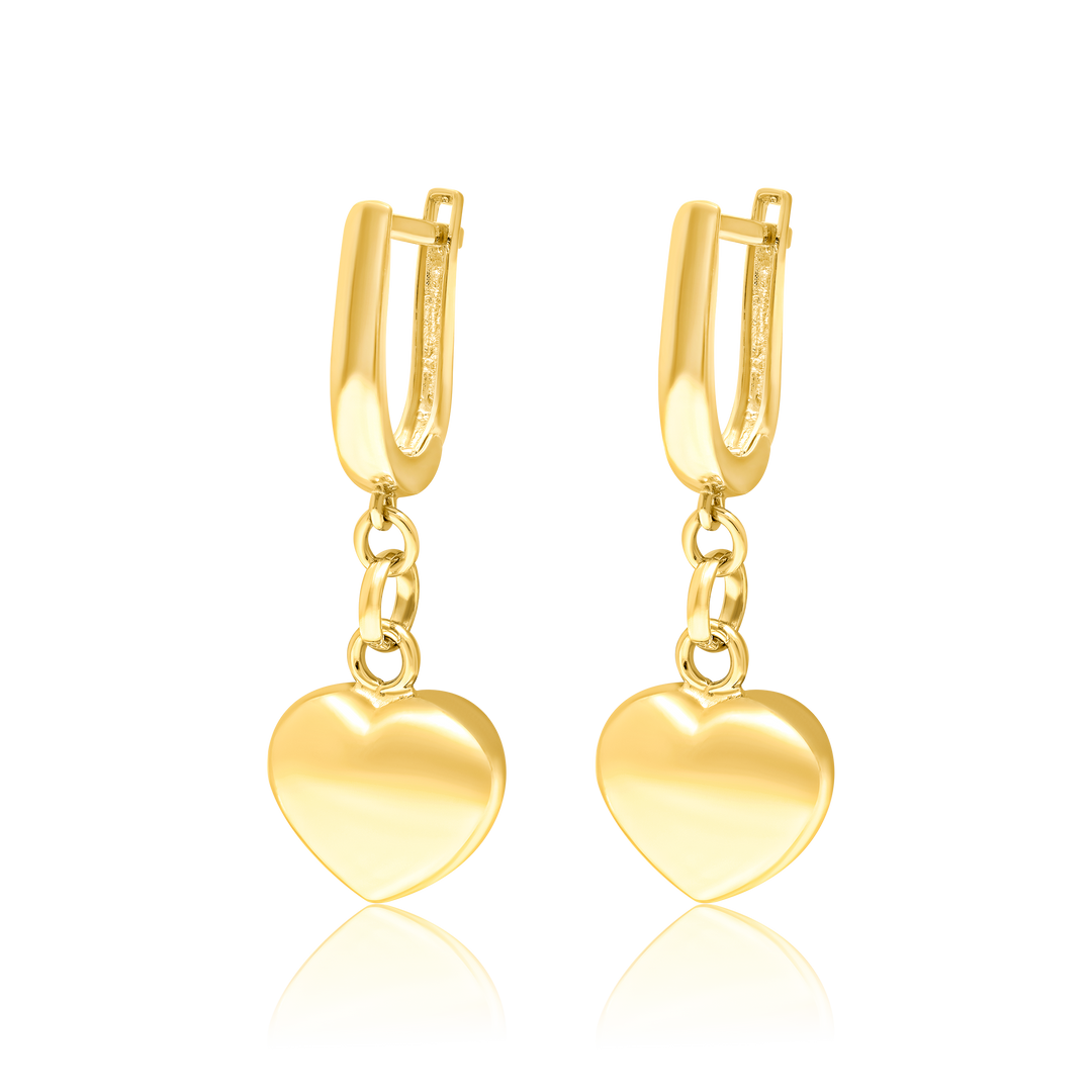 18K Real Gold Hanging Heart Earring Set