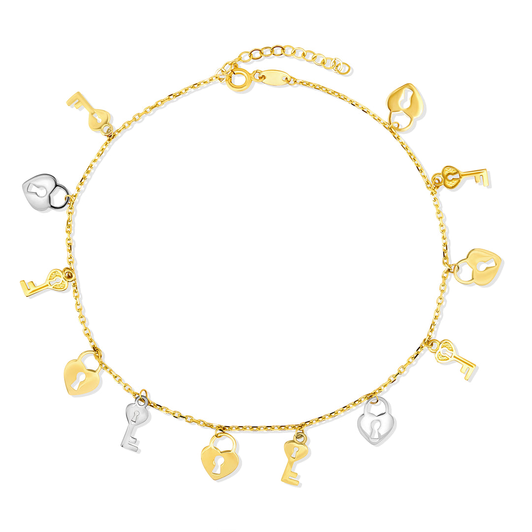 18K Real Gold 2 Color Hanging Key Heart Anklet