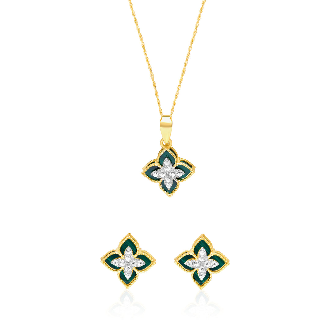 18K Real Gold Green Flower Jewelry Set
