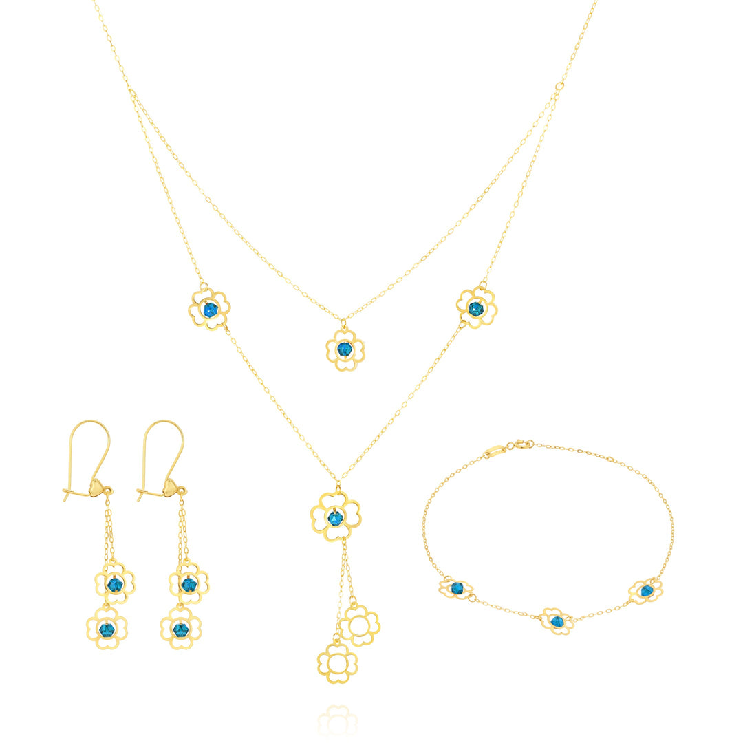 18K Real Gold Blue Stone Flower Jewelry Set