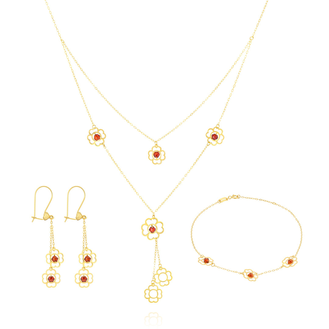18K Real Gold Red Stone Flower Jewelry Set